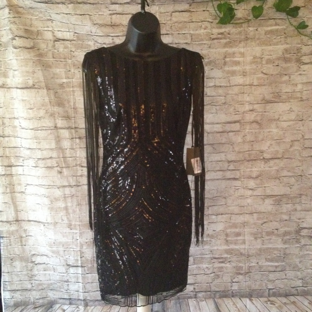 Black Tassel Sleeve boat neck sequin dress - Picture 2 of 6